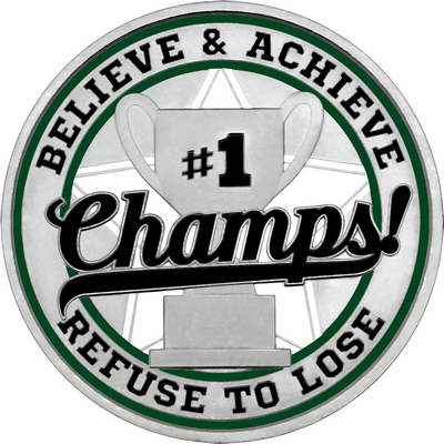Black "Champs!" with Dark Green Outer Circular Borders